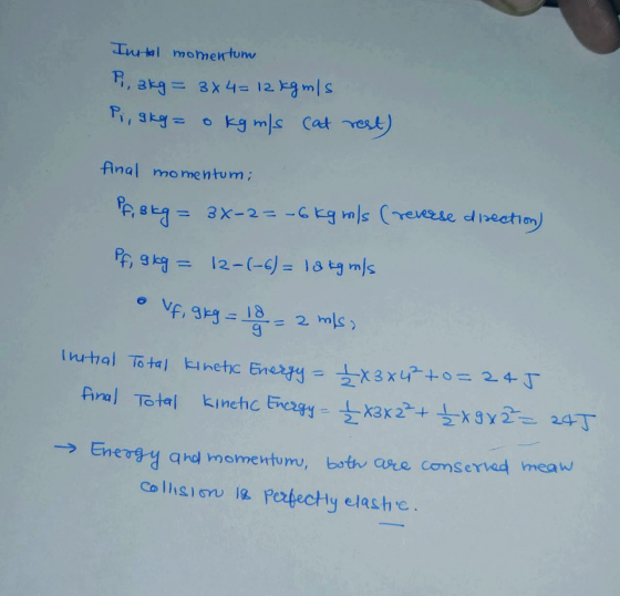 Intel momentum Pi, 3kg = 3x 4 = 12 kg mls. Pi, akg = o kgm/s cat rest) final momentum; f, skg = 3x-2=-6 kg mls (reverse direc
