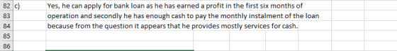 82 c) 83 Yes, he can apply for bank loan as he has earned a profit in the first six months of operation and secondly he has e