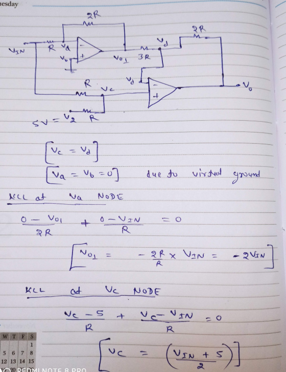 nesday QR IR d R VA + vou 3R R va - su - v2 va Va va V6=0 que to virtal ground ALL at NODE Vol 0 - VIN R QR No, 2R VIN = 11 -