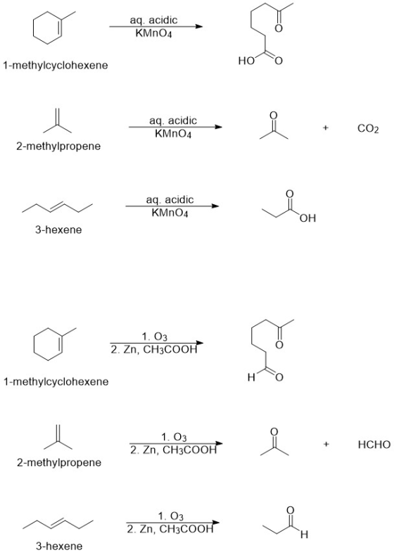 aq. acidic KMnO4 1-methylcyclohexene Ноо aq. acidic KMnO4 aq, acidic, + + CO2 2-methylpropene so to w do process aq. acidic K