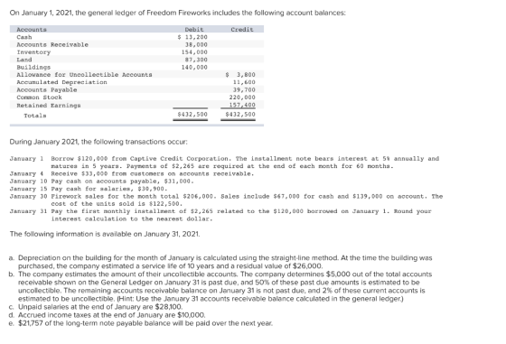 On January 1, 2021, the general ledger of Freedom Fireworks includes the following account balances: Credit Debit $ 13,200 38