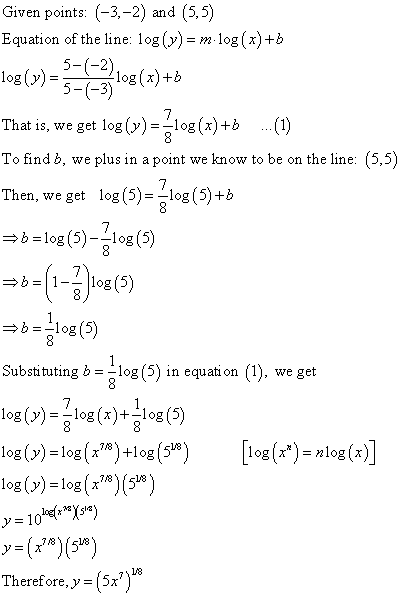 TH Given points: (-3,-2) and (5,5) Equation of the line: log(y) = m-log(x) + 5-(-2), log(y) = log(x) +B 5-(-3) That is, we ge