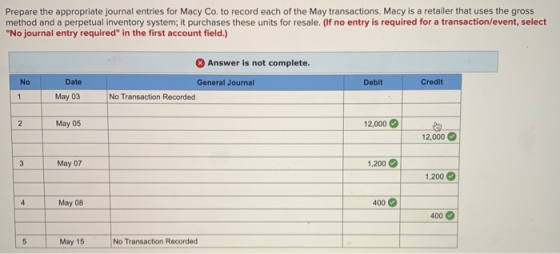 Prepare the appropriate journal entries for Macy Co. to record each of the May transactions. Macy is a retailer that uses the