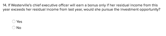 14. If Westervilles chief executive officer will earn a bonus only if her residual income from this year exceeds her residua