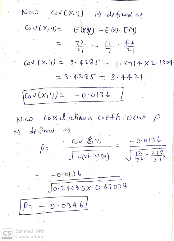 Now Con CX,Y) is defined as cou (x,y)= É %). -EQ). E(1) .-4.4 cov (X,Y) = 3.4285 - 1:5714 X2:1904 = 3:4285 = 3:44.21 I coulxi