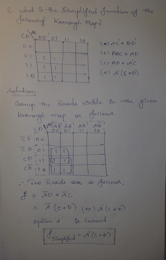 f. what is the Simplified Junction of the following Karnaugh Map? (a) Act BD 60 01 10 (b) ABC + ADI 21 (6) AD & AC (d) A (C+D