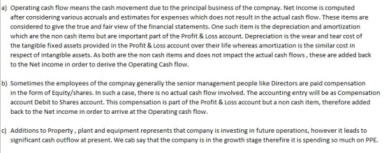a) Operating cash flow means the cash movement due to the principal business of the compnay. Net Income is computed after con