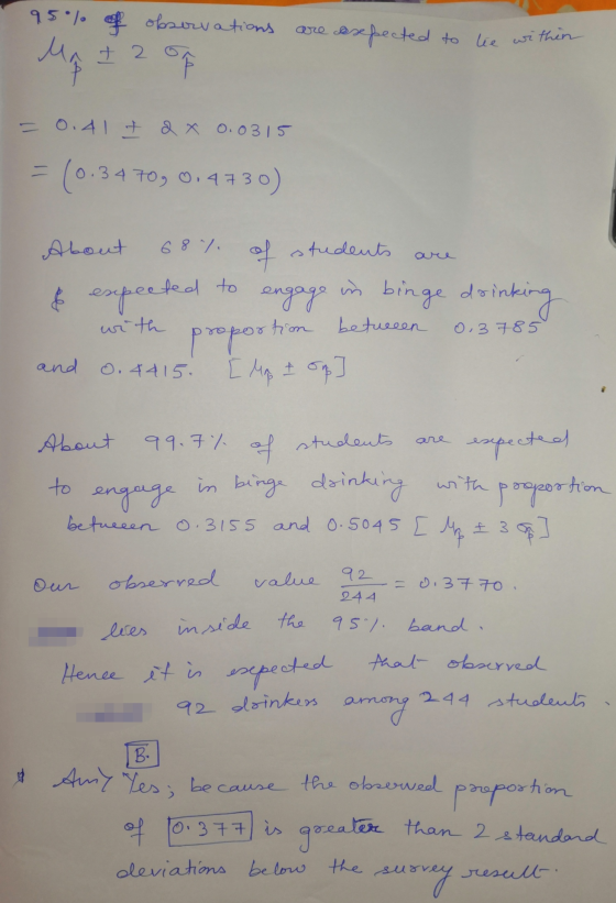 are 95% of observations © 1 expected to lee within up + 2 = 0.41 + 2 X 0.0315 (0.34 70, 0.4730) 68 %. of aure in binge doinki