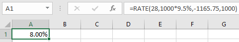 Al X f =RATE(28,1000*9.5%,-1165.75, 1000) B C D I F A 8.00%!