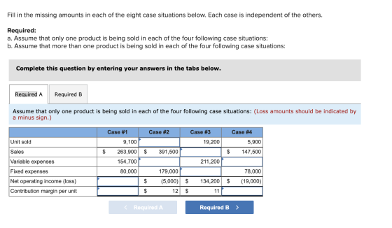 Fill in the missing amounts in each of the eight case situations below. Each case is independent of the others. Required: a.