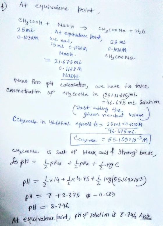 At equivalore boirt Cl₂cool + Maou chcuona + H₂b. - At equielonce point, 26 mL we need, 25 m 0.1030M Moolh. 25m2 0.1030M 0-10