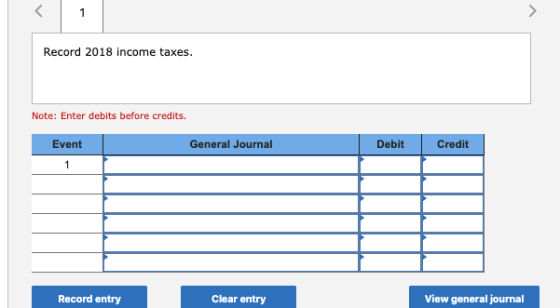 Record 2018 income taxes. Note: Enter debits before credits. Event General Journal Debit Credit Record entry Clear entry View
