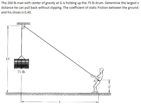 The 200 lb man with center of gravity at G is holding up the 75 lb drum. Determine the largest x distance he can pull back without slipping. The coefficient of static friction between the ground and his shoes is 0.40 75 lb 3