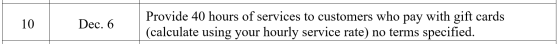 10 Dec. 6 Provide 40 hours of services to customers who pay with gift cards (calculate using your hourly service rate) no ter