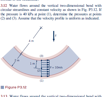 3.12 Water flows around the vertical two-dimensional bend with circular streamlines and constant velocity as shown in Fig. P3