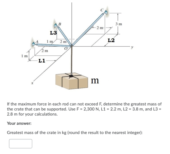 3 m --2 m2 1 m 2 m 0 2 m 1 m L1- If the maximum force in each rod can not exceed F, determine the greatest mass of the crate