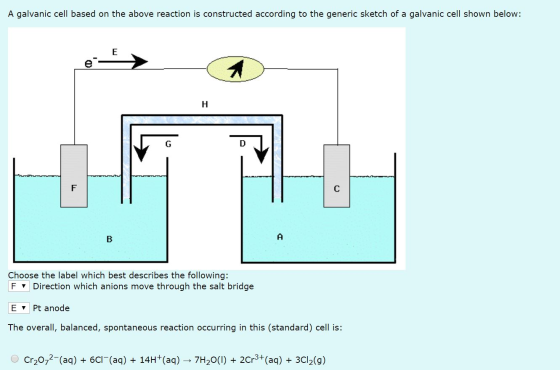 A galvanic cell based on the above reaction is constructed according to the generic sketch of a galvanic cell shown below: -