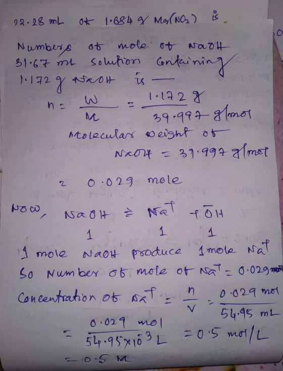 22.28 mL of 1.684 9 MO(NO) is Numbers of mole of wooh 31.67 mi solution Containing 1.172 g NaOH is - e l: 172 g - 29.997 Mono