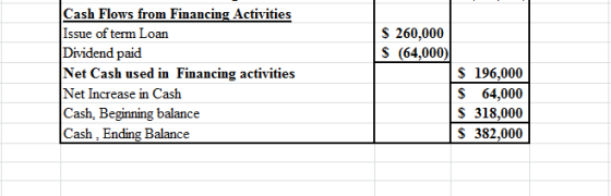 $ 260,000 S (64,000) Cash Flows from Financing Activities Issue of term Loan Dividend paid Net Cash used in Financing activit