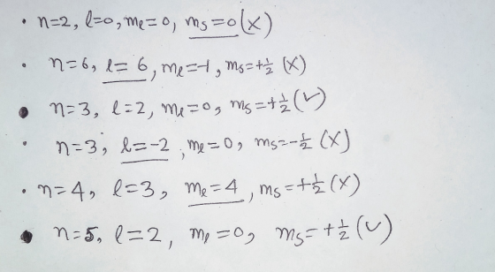 n=2, l-0,meo mso) nz6, 16, m , ms+) 3, l:2, m=0, st) n 3, l=-2m0, ms- X (K) n=5, l=2, my= 0, mst() 4, l-3, me-4