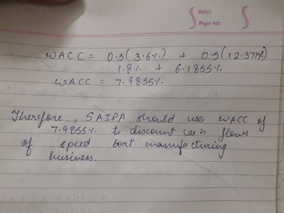 Date: Page No: WACC = 0.51 3.64.) a 1.8% + WACC = 7.9856% + 0.5 12.3712) 6.1855% Therefore , SAIPA should use WACC of 7.9855%