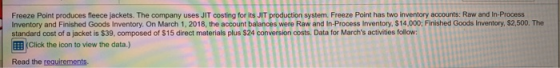 Freeze Point produces fleece jackets. The company uses JIT costing for its JIT production system. Freeze Point has two invent