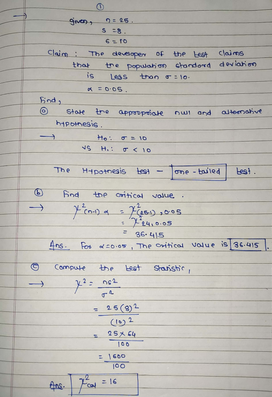 given, n = 25. S -8. 6-10 Claim : that The developer of the test claims the popwanion Standard deviations Less than oclo. is