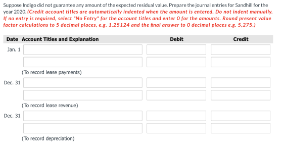 Suppose Indigo did not guarantee any amount of the expected residual value. Prepare the journal entries for Sandhill for the