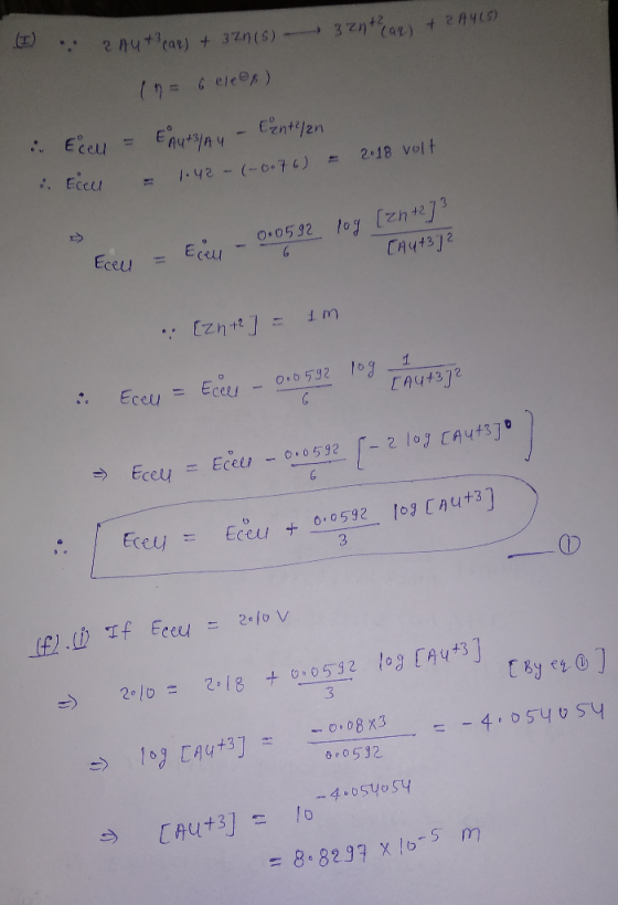 I 3 anthan) + 2A465) . 2 nuts car) + 32 (5) (n= 6 elees) i Ecelu = E Mut3/A4 - Centeren & Eccel = 1.42 - (-0.76) = 2.18 volt