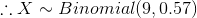 \therefore X\sim Binomial (9,0.57)