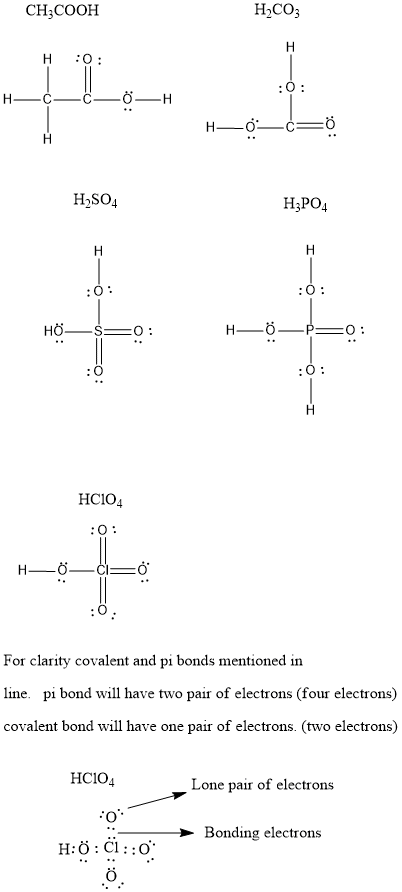 CH3COOH H-CO3 H :O H2SO4 H3PO4 HO : O HC1O For clarity covalent and pi bonds mentioned in line. pi bond will have two pair of
