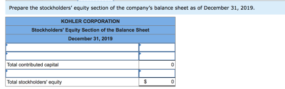 Prepare the stockholders equity section of the companys balance sheet as of December 31, 2019. KOHLER CORPORATION Stockhold