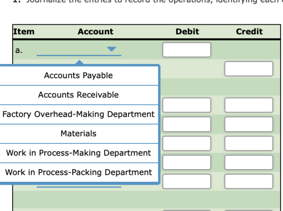 Item Account Debit Credit Accounts Payable Accounts Receivable Factory Overhead-Making Department Materials Work in Process-Making Department Work in Process-Packing Department