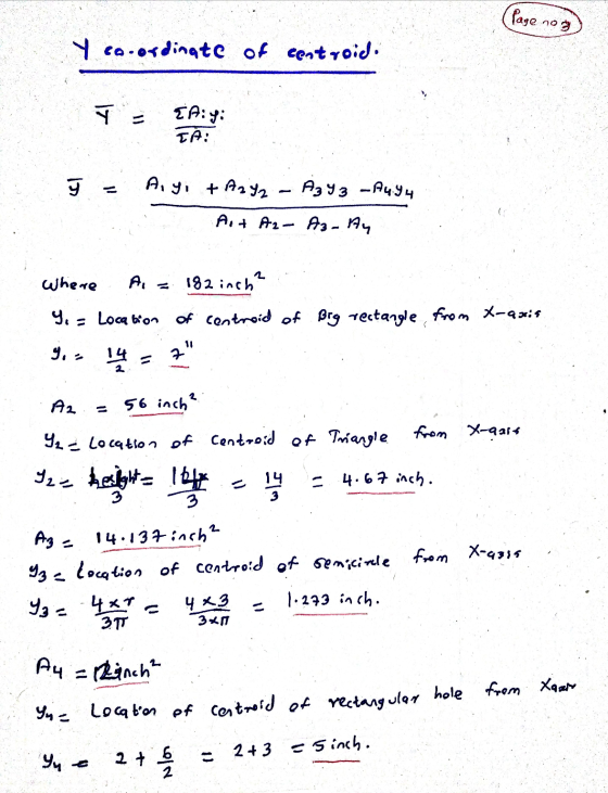 (Page no Y co-ordinate of controid. Y TA:y: TAI Any + A22 A393 - A4.94 Asa A2 A3- Ay where 182 inch Y = Location of controid