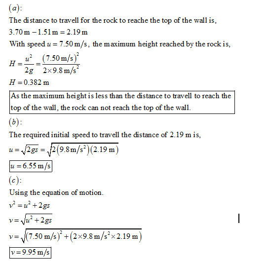 The distance to travell for the rock to reache the top of the wall is, 3.70m - 1.51m -2.19 m With speed u -7.50 m/s, the maxi