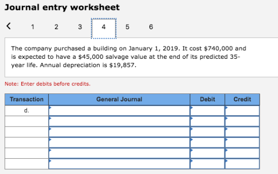 Journal entry worksheet < 1 2 3 4 5 6 The company purchased a building on January 1, 2019. It cost $740,000 and is expected t