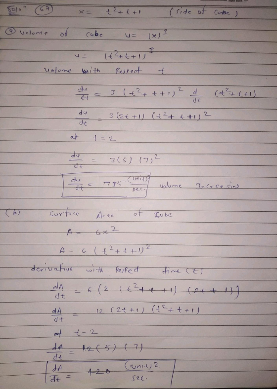 Note Boox Solon + 2+tti (side of Cobe ) GO volume cube U= 1+²+t+1 volume with Respect + 2 du न 3 (t?+++1) d dt (+²+t+1) dy 3