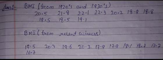 BMI (from 1920s and 1930s) 20.5 21.8 221 2203 2002 18.9 18.8 19.5. 18.5 19.1 BMI (from rulent minners) 19:5 167 20.3 19.6 2