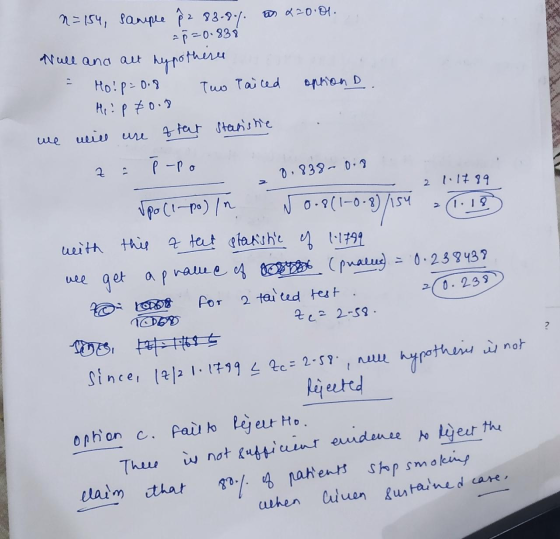 n=154, sample 82 83-84. as 220.01. =p=0.838 Null and alt hypother option Mo! p=0.8 Tuo Paiced Hp : P 80.0 will of faut Staris