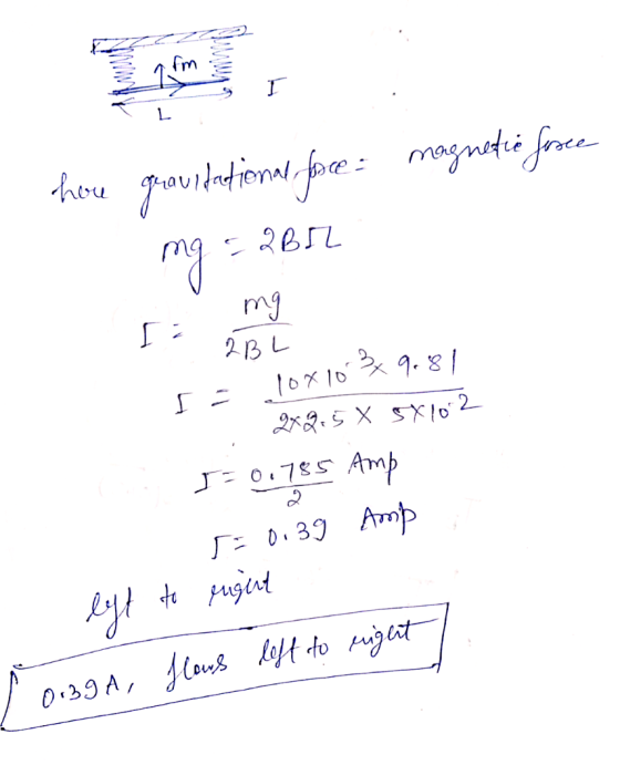 fm I L hou groundodiona foce = magnetid forces mg -2B5L int mg 2BL 10x10 9.81 2x2.5 X 5X102 I= 0.785 Amp J= 0.39 Amp left to