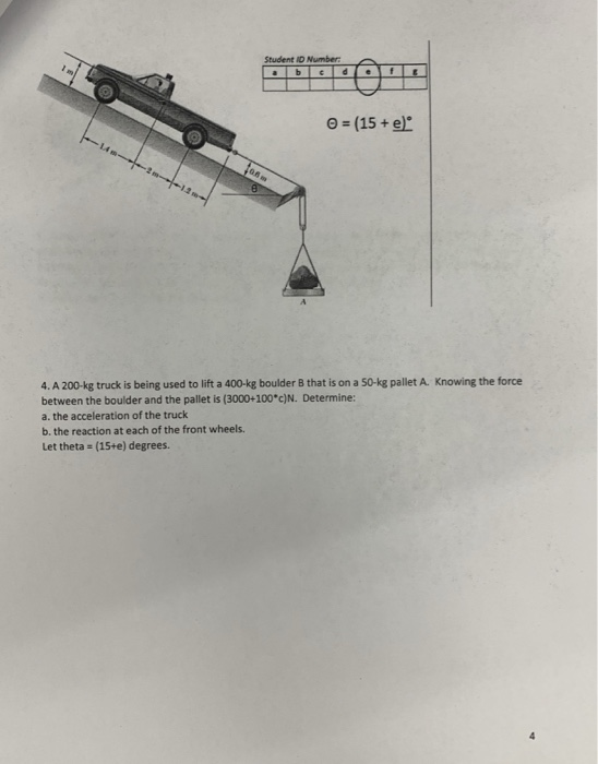 Student ID Number 0 (15+e 4. A 200-kg truck is being used to lift a 400-kg boulder B that is on a 50-kg pallet A. Knowing the