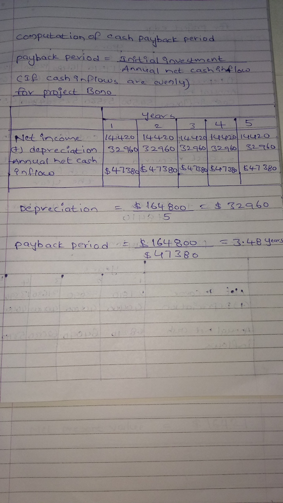 cOMputationof cash payback period payback periad दै २ + ) T cash nProws ave euenly taI 90vestent Annual net cash Rhloco far p