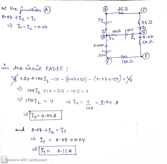 at the junction ® В. 252 C ooo7 + I2 = 1 - H-12 =0.07 SV 758 100.12 noi 11 A I 2 to. vas 0.07A A zovi (E 1502 in the circuit