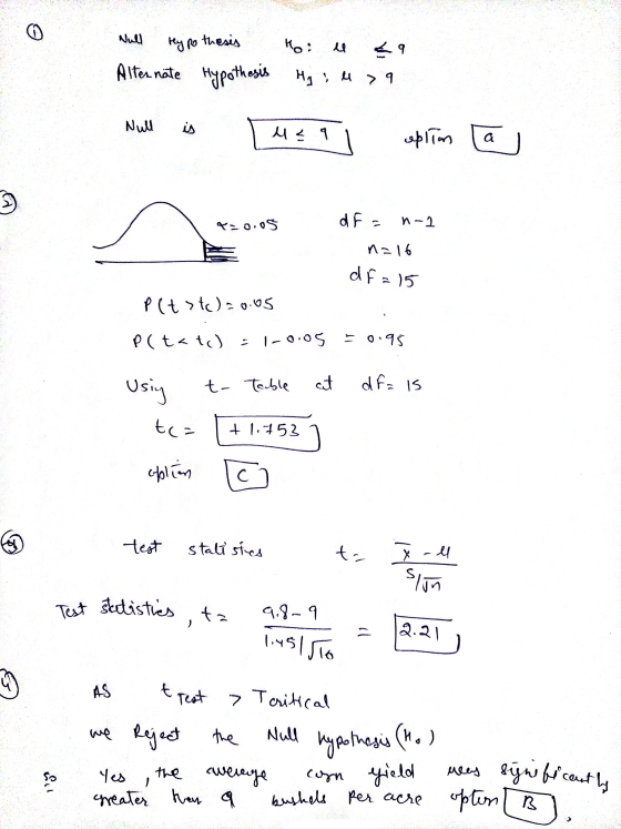 Test statistics tz Null Hypothesis Ho: 59 Alternate Hypothesis Hj. l> 9 Null 시드 oplim a 3 ) 420.05 df = n-1 n=16 df = 15 p(t