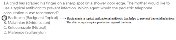1A child has scraped his finger on a sharp spot on a shower door edge. The mother would like to use a typical antibiotic to p