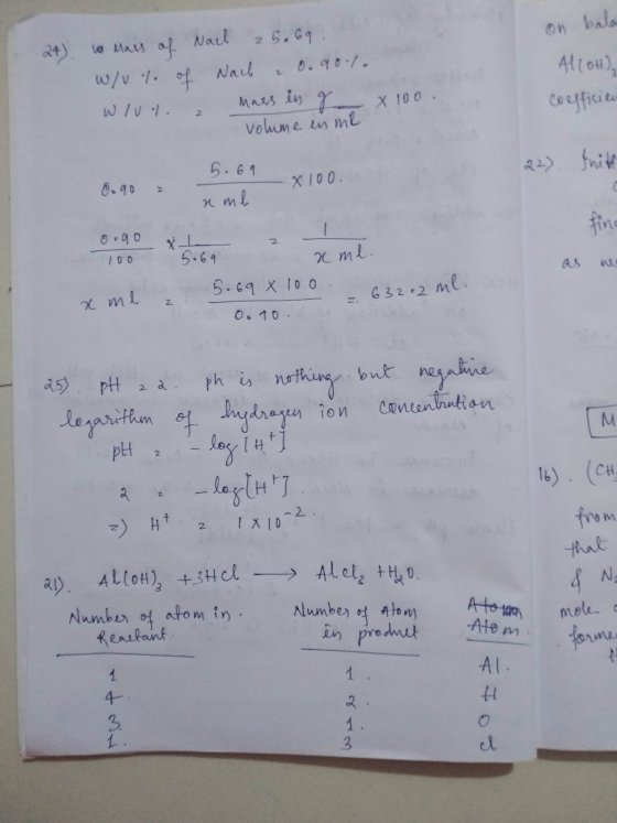 on bala 2 Al(OH), Coylicia X 100 2 22) tritt X 100 amb fino 2 xme. as x me = 63202 ml. 2 Al(OH)3 + 3Hcl - Alel + H₂o. 24) 1o