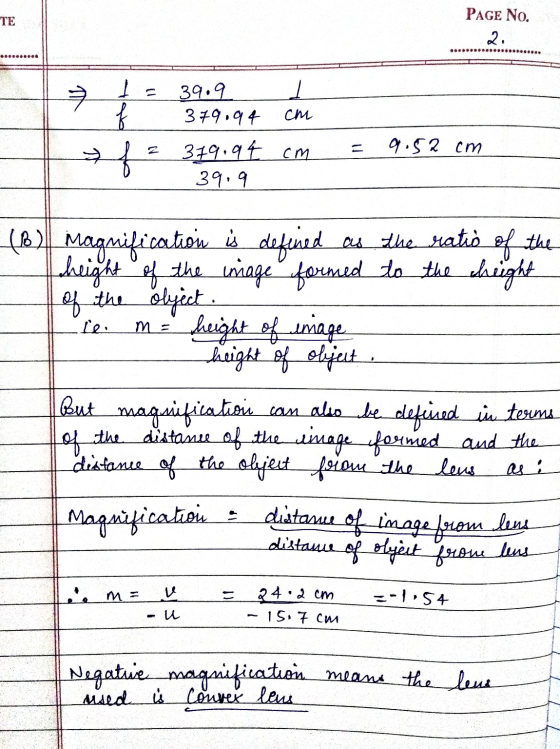 TE PAGE No. 2. 29....... L IN at Is 39.9 379.94 cm = 319.94 cm 39.9 9.52 cm Af Le m = 1 (8) Magnification is defined as the r