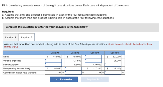 Fill in the missing amounts in each of the eight case situations below. Each case is independent of the others. Required: a.