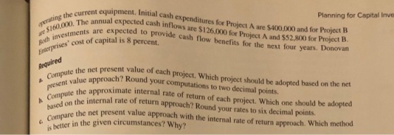 Planning for Capital Inve 10. The annual expected cash inflow sent equipment. Initial cash expenditures for Proiect A are $40