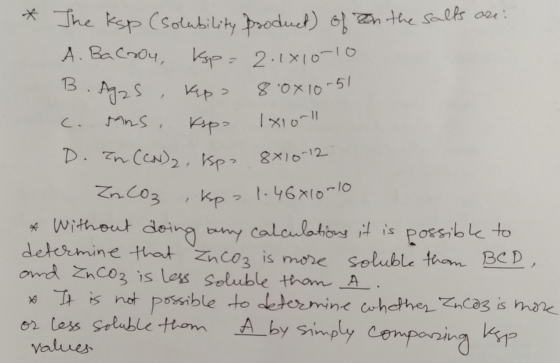 The ksp (solubility product) of on the salts are: A. Bacrou, Ksp= 2.1810-10 B. Agas, kepo 800x10-51 c. ans, Kapo 1x10 D. In (